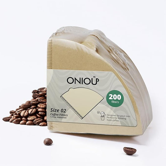 V60 Coffee Filters 02, ONIOU Unbleached Size 02 Cone Coffee Filters, 200 Count Natural Brown Pour Over Paper Filters for Hario V60 & Others 1–4 Cup Coffee Dripper - Package May Vary