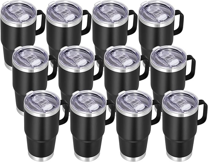 VEGOND 20 oz Tumbler Bulk with Handle Lid and Straw, Stainless Steel Insulated Travel Coffee Mug Set, Spill Proof Double Wall Metal Tumblers Cups, Powder Black 12 Pack