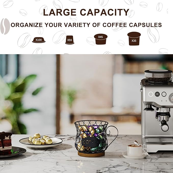 YINMIT K Cup Holder Organizer, Rustic Coffee Pod Holder Organizer, 35 Kcup Holder for Counter with Handle，Large Capacity Black Wire Coffee Capsule Basket for Kitchen Office Desktop (Circular Grid)