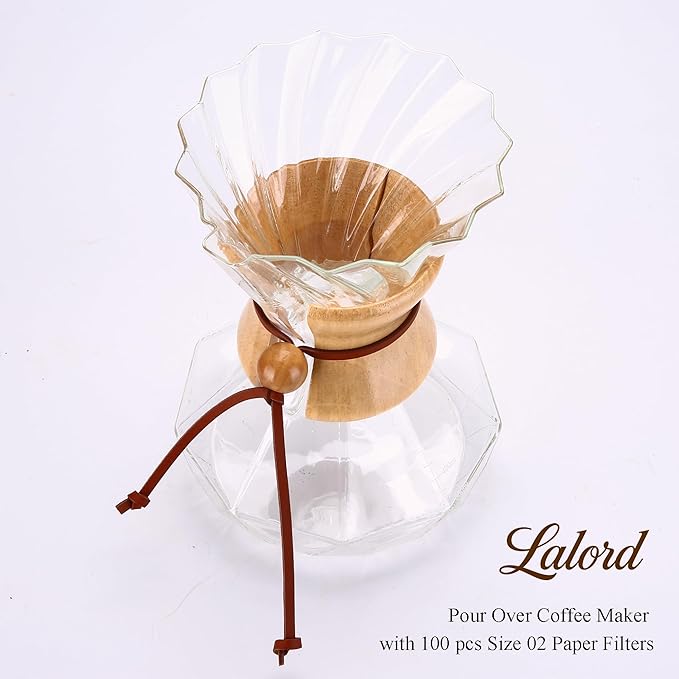 Pour Over Coffee Maker, 19 oz Borosilicate Glass Coffee Carafe with 100 PCS Paper Filter, Wooden Collar & Cowhide rope, Glass Coffee dripper (Clear, 550 ml)