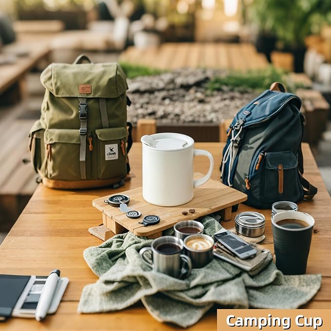 12oz Insulated Camping Coffee Mug with Lid & Handle, Double Wall Stainless Steel Vacuum Travel Coffee Cup, Reusable Tumbler for Home Office Camping - White