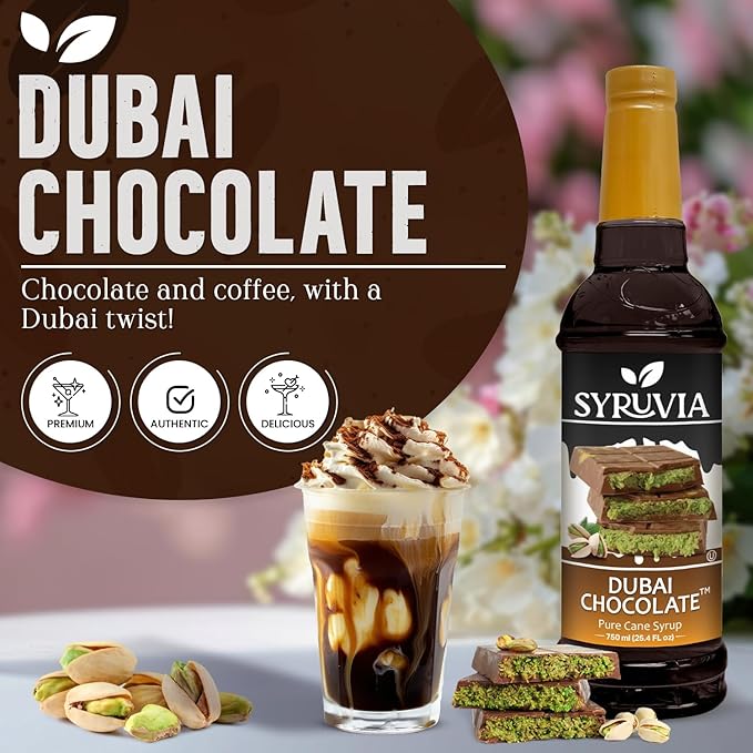 Syruvia Coffee Syrup, Dubai Chocolate Flavored Syrup for Drinks, Lattes, and Desserts – 25.4 fl oz,