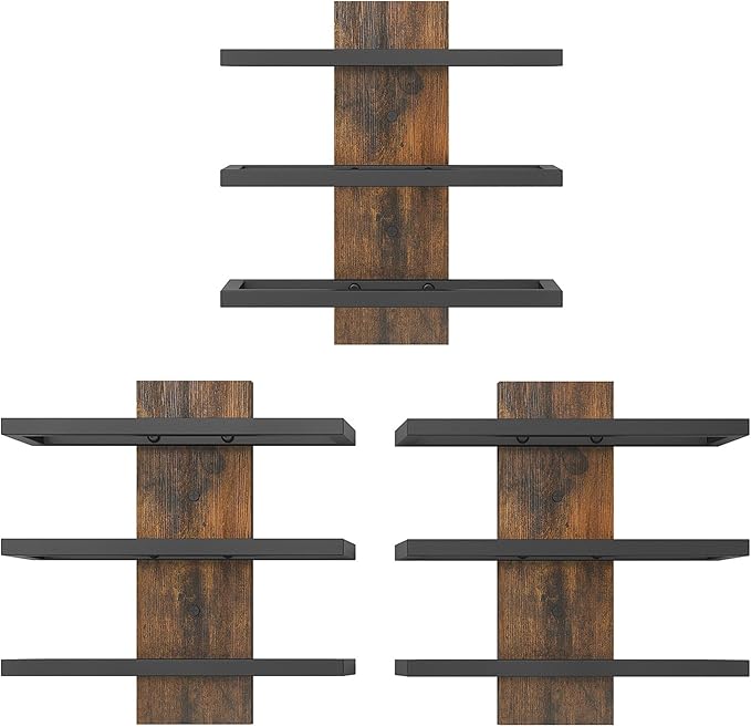 Hoctieon 3 Tier Wall Mount Wine Rack Set (9 Bottles), Wall Mounted Wine Bottle Rack for Display and Storage, Hanging Bottle Holder, for Living Room, Dining Room,Bar,Wine Cellar,Rustic Brown