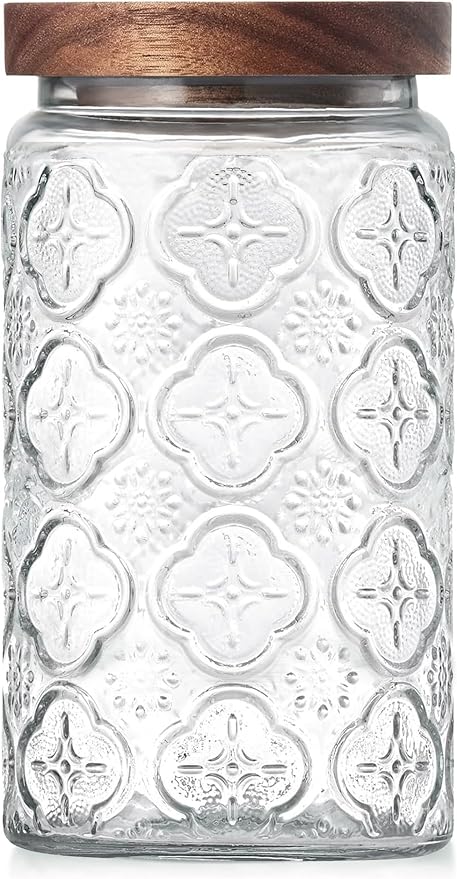 Vintage Glass Jar with Wood Lid - Airtight Canisters for Kitchen Countertop and Bathroom, for Storage Candy, Cookie, Coffee, Apothecary, Sugar, Flour, Tea, Pet Treat, 34 OZ Begonia