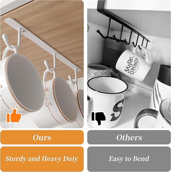 ECROCY Coffee Mug Holder Under Cabinet, Easy Screw Mounting, 3 Pack Mug Rack with Wide Hook Spacing, Sturdy Mug Hooks Space-Saving