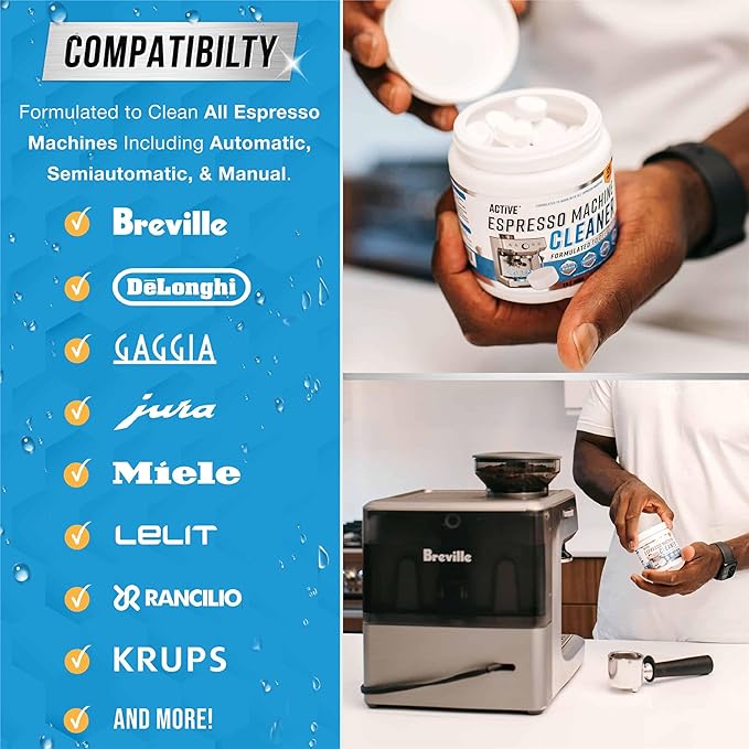 ACTIVE Espresso Machine Cleaning Tablets Descaling - 120 Tabs | Compatible with Breville Barista Express, Gaggia, Delonghi, Jura, Philips | Expresso Maker Backflush Oil Remover Solution Clean Tablet