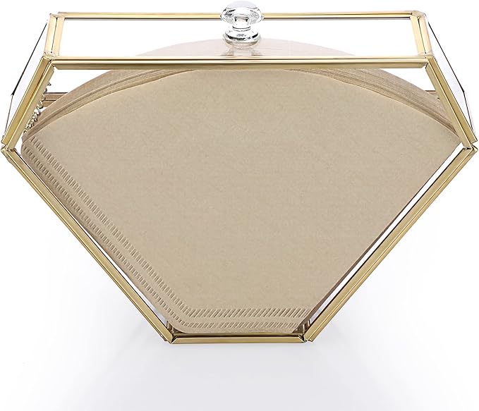 ELLDOO Gold Glass Coffee Filter Holder Coffee Paper Storage Container Filter Paper Dispenser Rack with Dustproof Cover