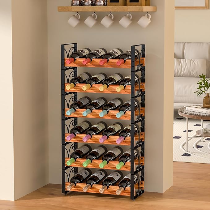 X-cosrack Wine Racks Free Standing Floor, 6-Tier 24 Bottles Wine Rack for Cabinet, Wood & Metal Wine Stackable Rack, Wine Bottle Holder for Wine Cellar, Wine Storage for Home Bar & Kitchen