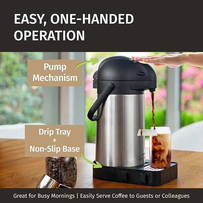 Coffee Carafe with Pump & Drip Tray - 74oz / 2.2L, 12 Hours, Thermal Carafe for Hot Liquids, Water Dispenser, Airpot Coffee Dispenser with Pump, Insulated Air Pot, Large Carafe for Hot Drinks
