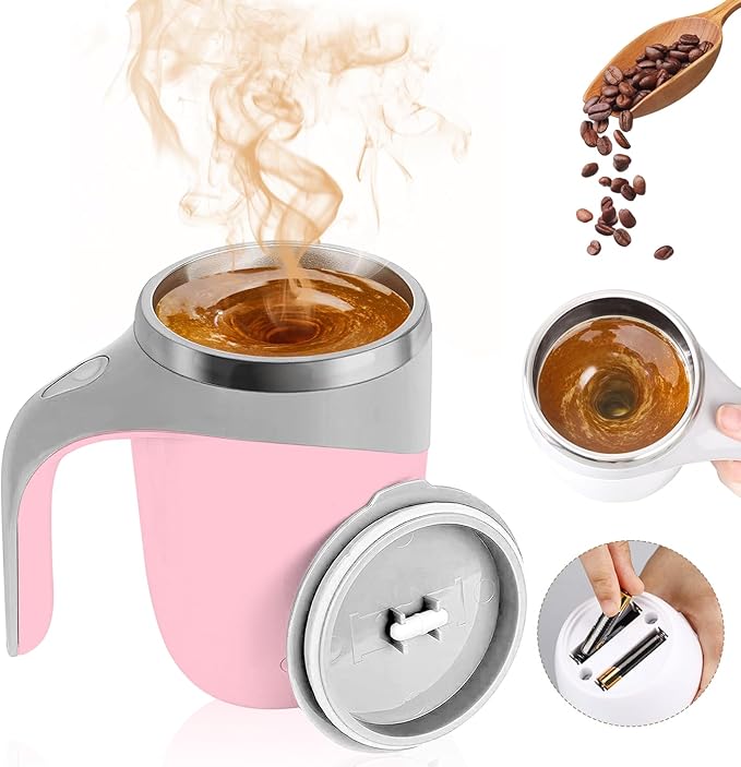 Automatic Magnetic Stirring Coffee Mug, Magnetic Stirring Cup Rotating Home Office Travel Mixing Cups,Stainless Steel Self Mixing Mug for Coffee/Milk/Tea/Hot Chocolat (Pink-Battery)