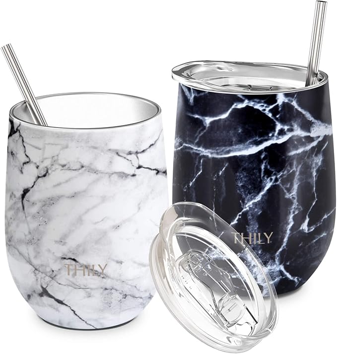 THILY Vacuum Insulated Stemless Wine Tumbler 12 oz Stainless Steel Wine Glass with Lid and Straw, Keep Drinks Cold or Hot, Christmas Birthday Gift, 2 Pack(White Marble + Black Marble)