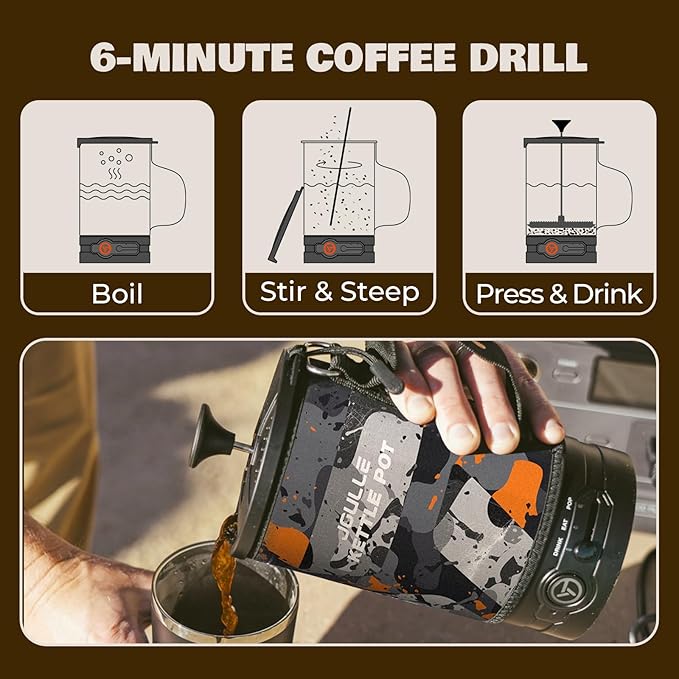 Electric French Press Coffee Maker, 120V Boil Water & Press Coffee 2-in-1, Portable Design for Camping, Travel, 6 Minute Brew Ready