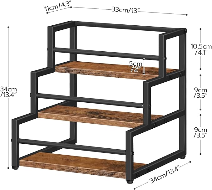 HOOBRO Coffee Syrup Rack Organizer, 3-Tier 12-Bottle Syrup Holder Stand for Coffee Bar, Wine Rack Countertop Storage Rack for Syrup, Wine, for Kitchen Coffee Station, Rustic Brown and Black BF38JJ01