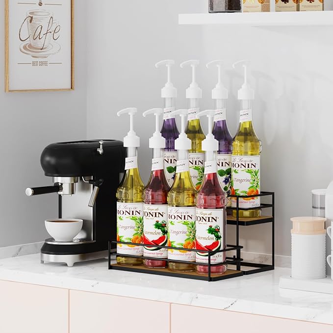 THYGIFTREE Coffee Syrup Rack Organizer 8 Bottle Syrup Holder Stand 2-Tier Syrup Storage Shelves Wine Rack for Kitchen Coffee Bar Station
