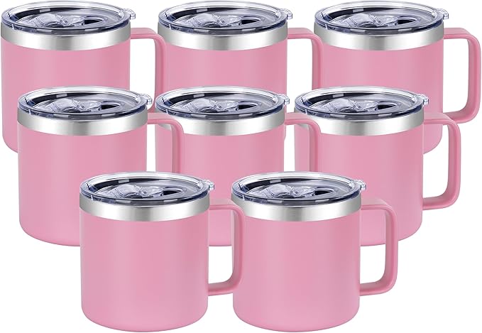 VEGOND 14 oz Insulated Coffee Mug Bulk with Handle, Stainless Steel Travel Coffee Mug with Lid, Double Wall Vacuum Metal Coffee Cup, Coffee Tumbler Powder Coated, Pink 8 Pack