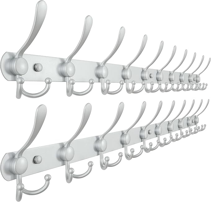 Dseap Coat Rack Wall Mount - 38” Long 10-Tri-Hooks Heavy Duty Coat Hanger Rail Wall Hooks for Hanging Coats Hats Clothing Clothes Purse Mudroom Entryway, Silver, Pack of 2
