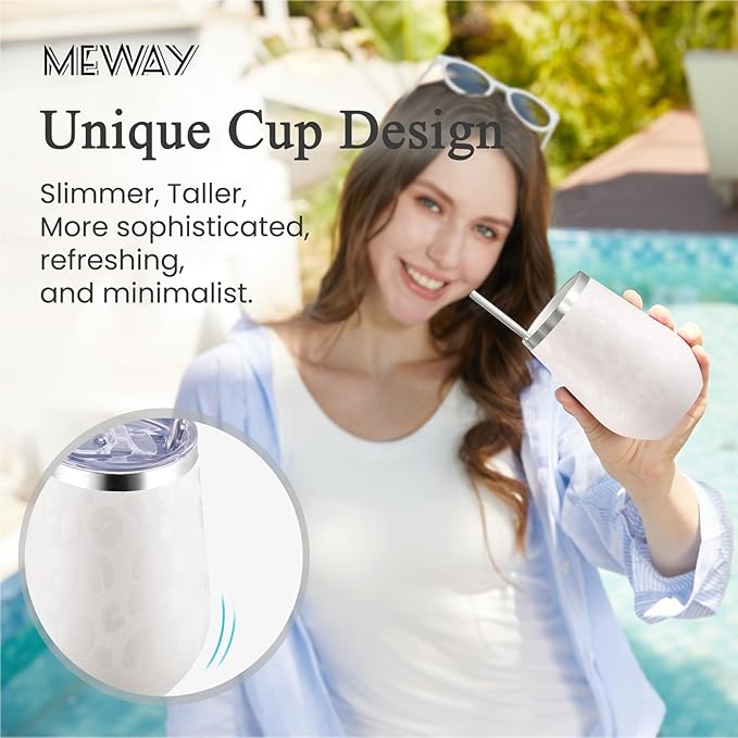 MEWAY 12oz Insulated Wine Tumbler Bulk, Double Wall Vacuum Stainless Steel Travel Tumbler with Straw,8 pack of wine tumbler glasses(Almond Leopard,Set of 8)