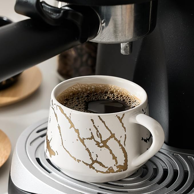 LUKA Ceramic Espresso Cups with Saucers and Metal Stand, Small 4 oz Porcelain Demitasse Cups Set of 6, Cute Cappuccino Coffee Cups for Double Espresso, Tea, Marbling White & Black