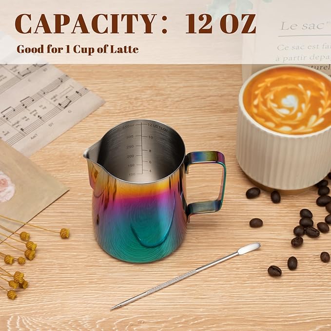 Milk Frothing Pitcher, 12 oz Milk Frother Cup with Clear Scale, 304 Stainless Steel Cappuccino Espresso Machine Accessories for Barista Coffee Bar with Latte Art Pen, Multicolor