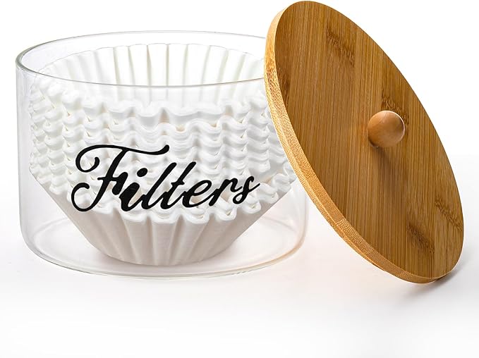 Coffee Filter Holder with Bamboo Lid, Farmhouse Coffee Filter Dispenser Basket for Counter, Glass Coffee Filter Storage Container for Coffee Pod and Filter, Coffee Bar Accessories