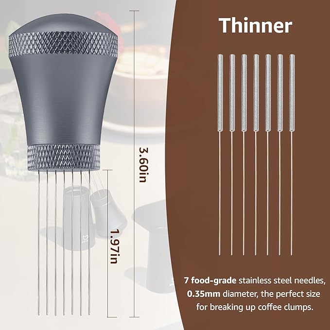 WDT Espresso Distribution Tool Espresso Stirrer Tools for Barista, 0.35mm 7 Needles Espresso Coffee Stirrer with Extra 7 Replaceable Needles, Aluminum Alloy Handle with Stand (Grey)