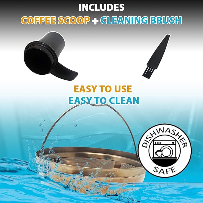 GOLDTONE Stainless Steel Coffee Filter - 8-12 Cup Basket Reusable Metal Filter for Mr. Coffee and Black and Decker Machines - Includes Scoop and Brush
