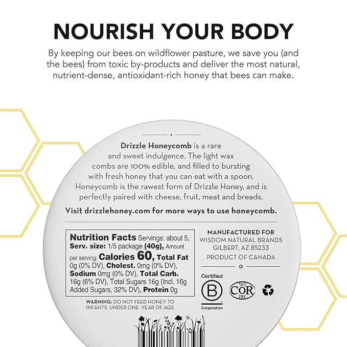 Drizzle Honeycomb - Raw All Natural Honey Comb, Edible Topping for Charcuterie, Unfiltered & Unheated, Pair with Cheese, Meat, Fruit, or Bread, Certified Kosher - 7.05 oz (200 g)