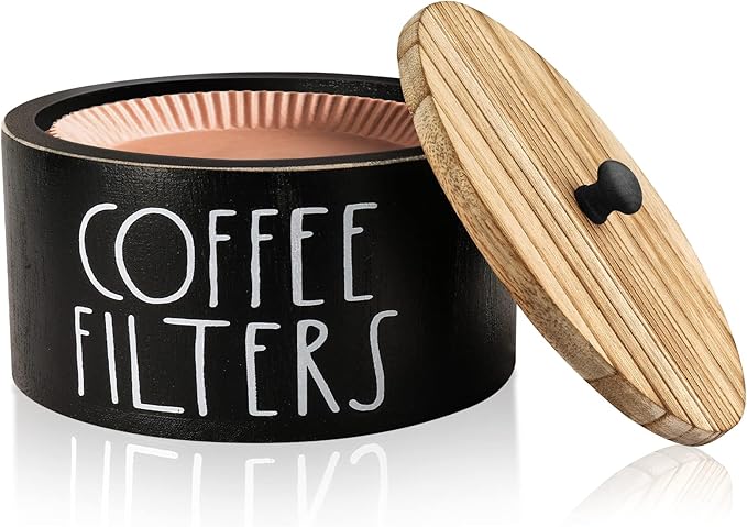 Coffee Filter Holder, Wood Coffee Filter Storage Container Dispenser with Lid, Rustic Farmhouse Filters Organizer Basket Accessories for Coffee Bar Counter Decor