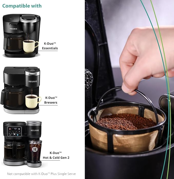 Reusable Keurig Mesh Coffee Filter Basket for K Duo, K-Duo Essentials, Keurig Duo Hot & Iced Coffee Makers by PureHQ – Refillable Gold Tone Carafe Filter for Ground Coffee
