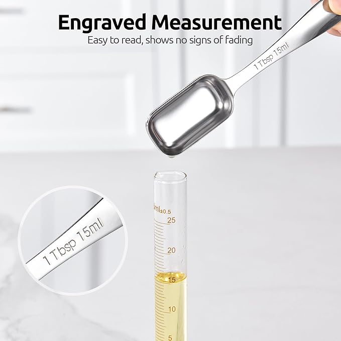 U-Taste Narrow Square Measuring Spoons: 18/8 Stainless Steel Kitchen Measure Teaspoon Tablespoon with Leveler, Polygon Rectangular Metal Jar Scoop for Baking Cooking, Coffee, Spice, Powder (Set of 6)