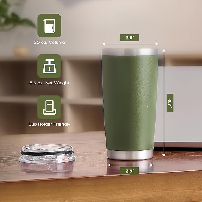 OMTech 20oz Tumblers Bulk, 12pc Stainless Steel Tumbler Set with Lid & Straw, Double Wall Vacuum Insulated Mug for Laser Engraver, Travel Coffee Mug for Hot & Cold Drinks, Army Green Powder Coated Cup