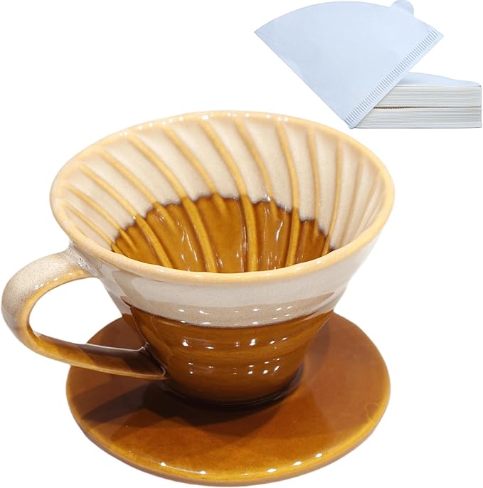Handmade Ceramic Pour Over Coffee Dripper with 50 Pcs V60 Coffee Filters - Portable Drip Coffee Brewer for Travel, Camping, Office or Home - Artisanal Pottery Gift for Enthusiasts