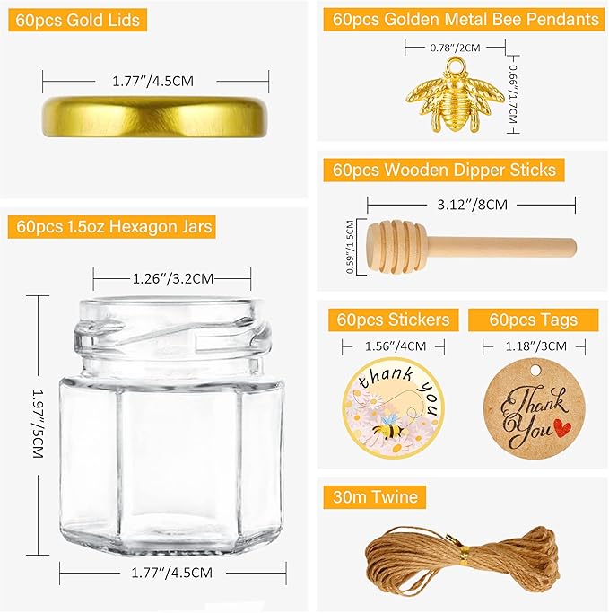 Mini Glass Honey jars-1.5 oz,60pcs Hexagon Honey Jars with Wood Dipper,Stickers,Bee Pendants,Tags,Rope,Small Honey Jars with Lids,Perfect for Wedding Favors,Jams,Baby Shower,Party Favors