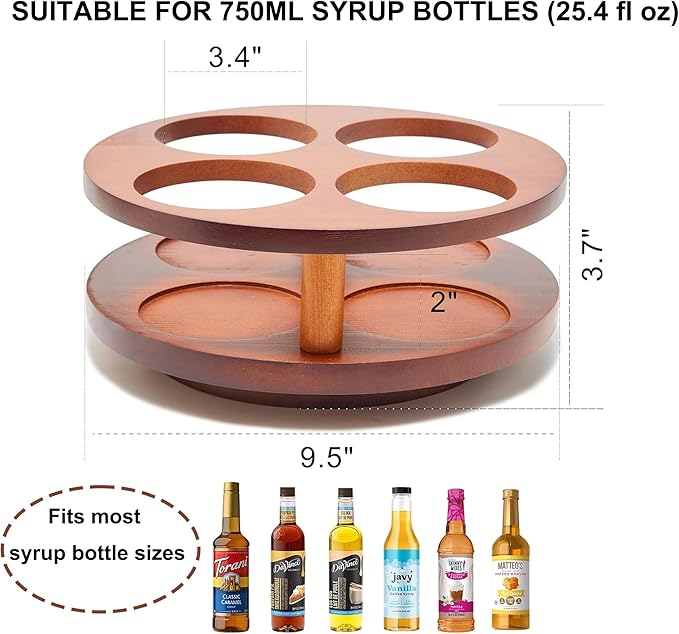 Wood Rotating Coffee Syrup Organizer, 4 Bottles Coffee Syrup Rack, Coffee Station Organizer with Large Base and Anti-Slip Pad