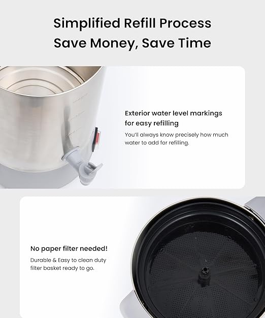 SYBO 45Cup Coffee Urn, Commercial Grade Stainless Steel Percolate Coffee Maker, Removable Filter, Easy to Clean, Hot Water Urn for Catering, Hot Beverage Dispenser with Cool-Touch Handles, 6L, Grey