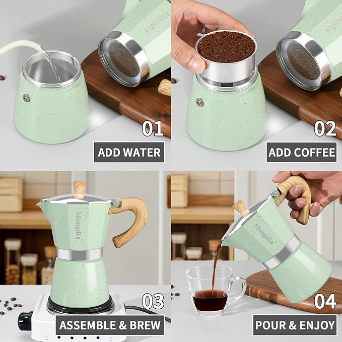 Mongdio Stovetop Espresso Maker Moka Pot, Cuban Coffee Maker Stove top coffee maker Moka Italian Espresso Greca Coffee Maker Brewer Percolator, 12 Espresso Cups, 20 oz - Green