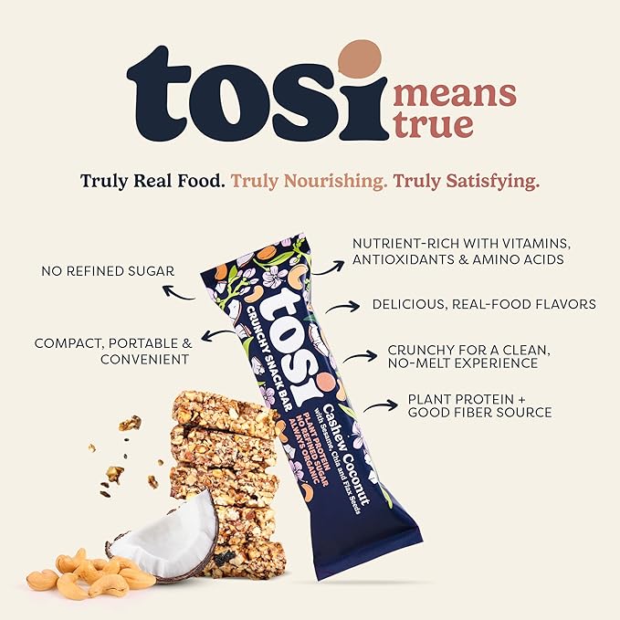 Tosi Nut Bars, Cashew Coconut, Healthy Snacks for Adults & Kids, Plant Based Crunchy Bars (6G Protein), Organic Keto Snacks, Vegan, Gluten & Soy Free, Low Sugar, Omega 3s, 1oz, 12-Pack