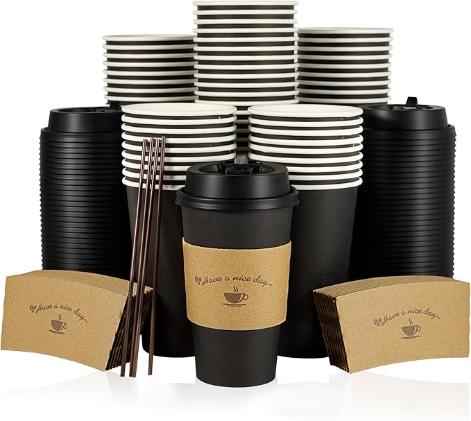 LITOPAK 100 Pack 16 oz Paper Coffee Cups with Lids, Black Disposable Coffee Cups with Lids, Sleeves and Stirring Sticks, for Parties, Picnic, Travel, and Events