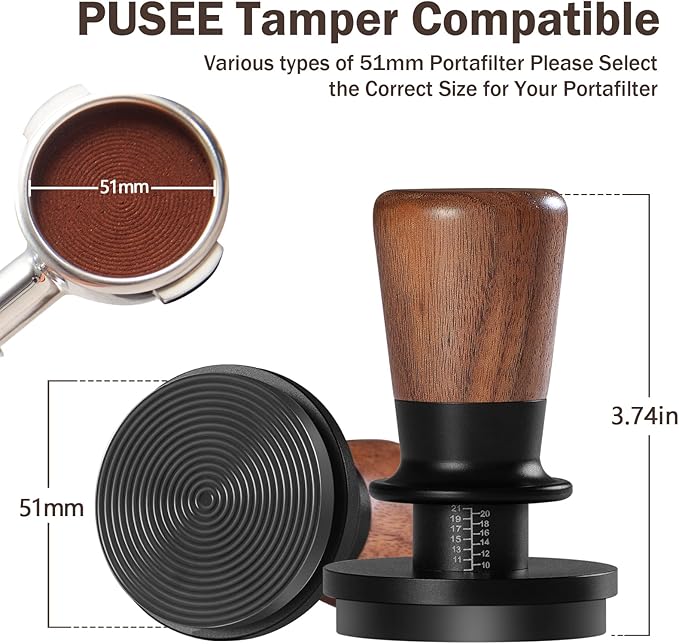 PUSEE 51mm Espresso Tamper,Calibrated Tamper with 30lbs Double Spring Loaded Tamper Walnut Wood Coffee Tamper for Barista Home,Titanium PVD Coating Base Tamper Espresso Tool Fits 51mm Portafilters