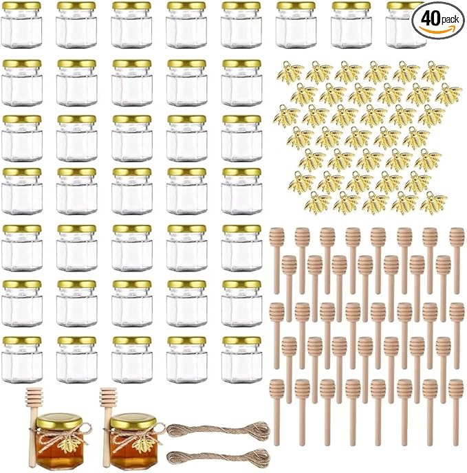 1.5oz Mini Glass Honey jars 40 pack,Small Hexagon Honey Jars with Dipper Empty Glass Jars for Baby Shower Wedding Favors Party Favors