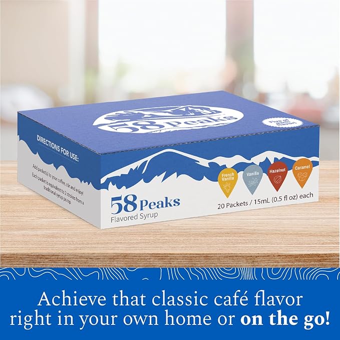 58Peaks Variety Pack of Flavored Syrup Sweetener Packets for Hot and Cold Drinks | To-Go Flavoring for Coffee, Tea, Milkshake and More | Vanilla, Caramel, French Vanilla & Hazelnut | 15mL | 20-Pack