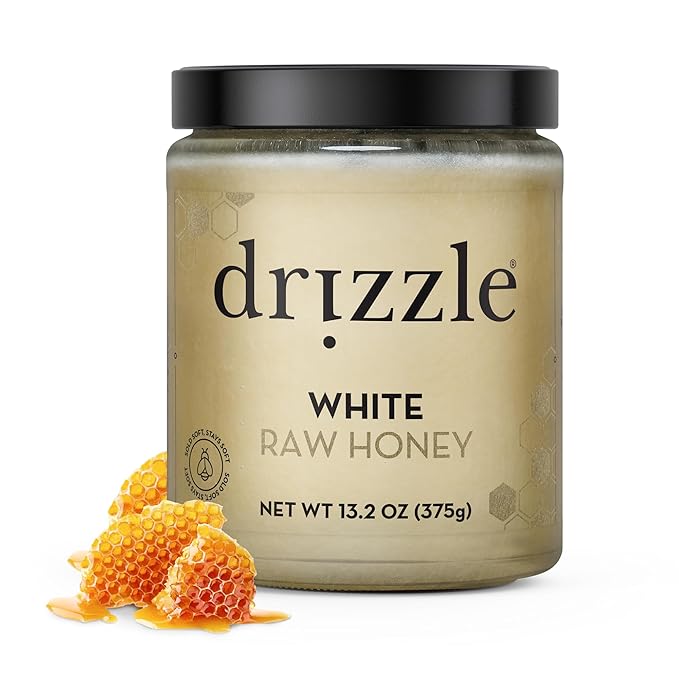 Drizzle White Raw Honey - All Natural Pure Raw Honey, Unfiltered & Unheated, Use in Tea & Coffee, Sugar Substitute, Certified Kosher - 13.2 oz Jar (375 g)