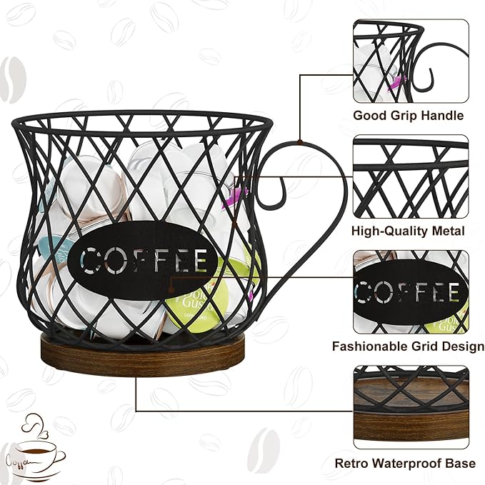 YINMIT K Cup Holder Organizer, Rustic Coffee Pod Holder Organizer, 35 Kcup Holder for Counter with Handle，Large Capacity Black Wire Coffee Capsule Basket for Kitchen Office Desktop (Circular Grid)