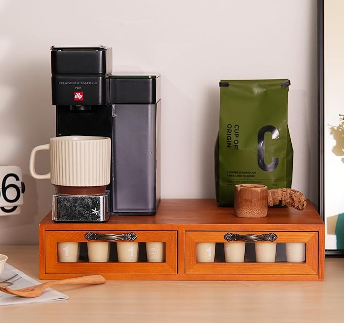 Wooden K-Cup Organizer - Coffee Pod Storage Box, 15.6 * 11.7 * 3.1 in, Compatible for Keuring Pod Holder, 30-50 Pod Capacity, No Assembly Required, Tea Bag Organizer Counter, Coffee Stand with Drawer