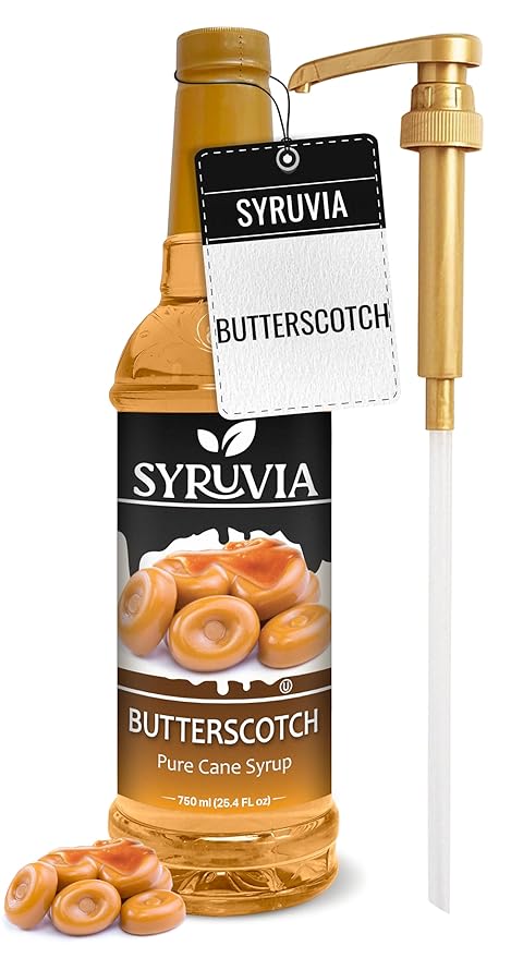 Syruvia Butterscotch Coffee Syrup - 25.4 fl oz Premium Coffee Flavoring Syrup - Kosher Coffee Syrups, Gluten Free, No Coloring, Perfect for Drinks, Soda, Shakes, and More With Pump