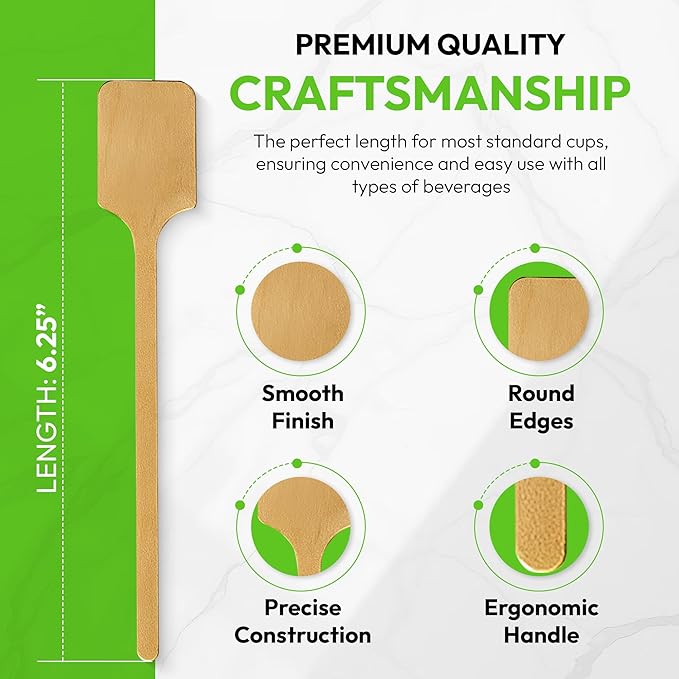 6.25" Wooden Coffee Stirrers with Square Heads – Customizable Stir Sticks with Logo or Text | Eco-Friendly Drink Stirrers for Coffee, Tea, Beverages & Events (6.25" - Pack of 100)