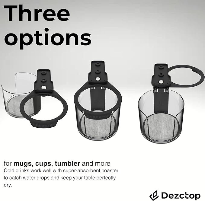 DEZCTOP Rotating Under Desk Cup Holder with Absorbent Pad, Anti-Spill Swivel Design, Fits Mugs, tumblers, and Cups, Perfect for Gaming or Office Desks, Black