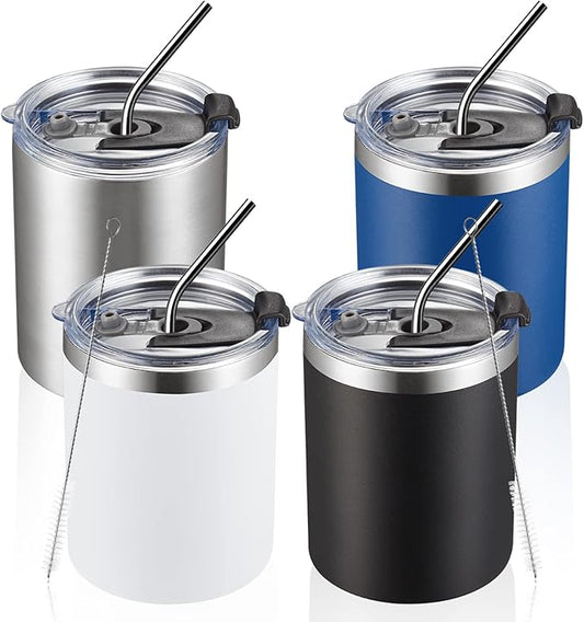 MEWAY 12 oz Lowball, Tumbler Stainless Steel Double Wall Vacuum Insulated Mug with Straw and Lid, Cleaning Brush ，Durable Powder Coated Insulated Coffee Cup for Cold & Hot Drinks (MIX,4 pack)