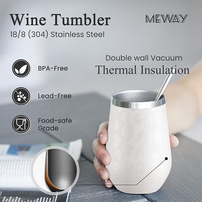 MEWAY 12oz Insulated Wine Tumbler Bulk, Double Wall Vacuum Stainless Steel Travel Tumbler with Straw,Travel wine tumbler, 4 pack of wine tumbler glasses(Almond Leopard,Set of 4)