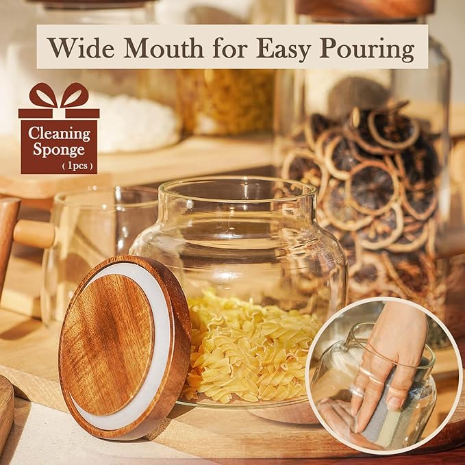 Labina Glass Storage Container Airtight Food Jars Kitchen Canister with Wood Lids, 47 Oz Wide Mouth Pantry Organization Glass Jar for Flour, Sugar, Cookie, Spagetti, Nuts and Candy